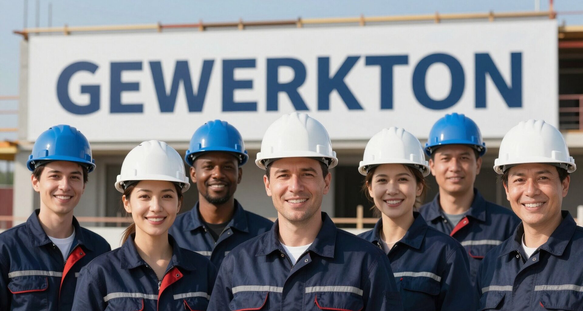 Group photo on a construction site: eight people in navy work clothes with blue and white hard hats in front of a site sign reading GEWERKTON