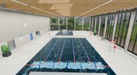 Rendered indoor swimming pool seen from the diving board, with lane ropes, a lifeguard chair and a glass facade