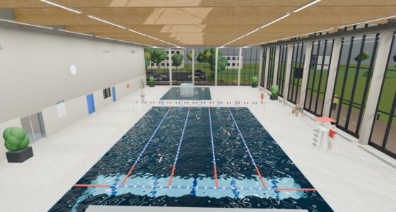 Rendered indoor swimming pool seen from the diving board, with lane ropes, a lifeguard chair and a glass facade